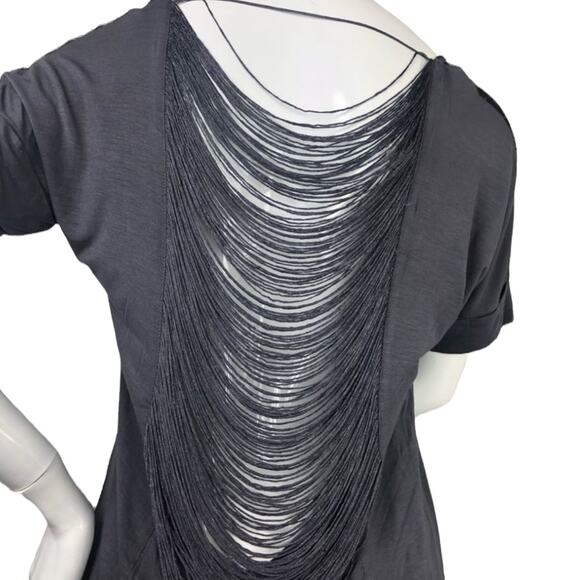 Buffalo David Bitton Grey HIRAKU Open Back Fringe Beaded T-Shirt Size Medium M - Picture 7 of 8